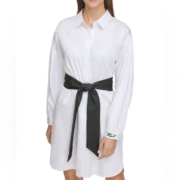 Karl Lagerfeld Paris | Women's Embellished White Shirt Dress - Picture 3 of 16